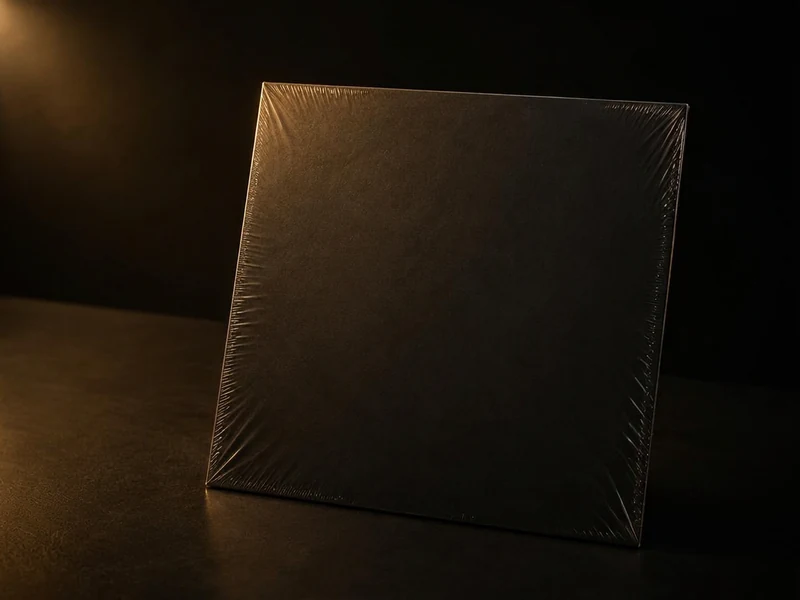 A sealed blank vinyl record sleeve on a dark surface, lit from one side in warm gold