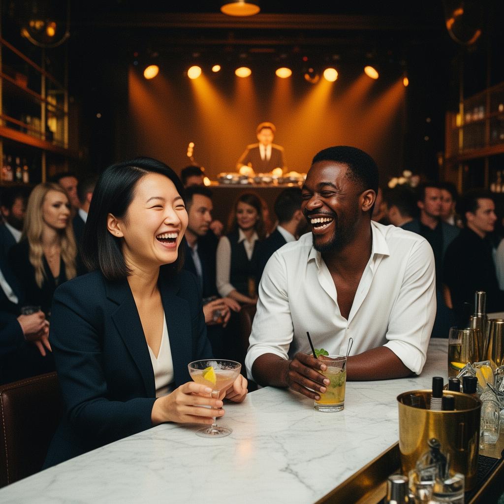 Two senior executives laughing in genuine conversation at the bar