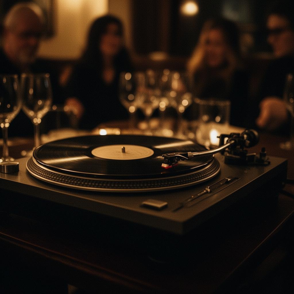 Vintage turntable spinning a vinyl record in a low-lit private lounge